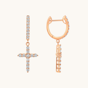 1.0 TCW Round Cut Moissanite Cross Drop Earrings in Gold