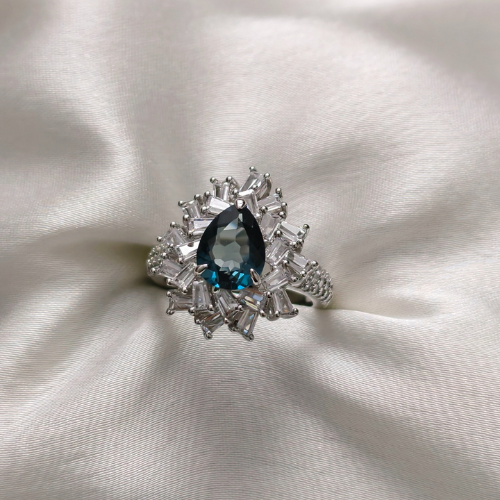 1.0 CT Pear Cut Flower Style London Blue Topaz Ring 1