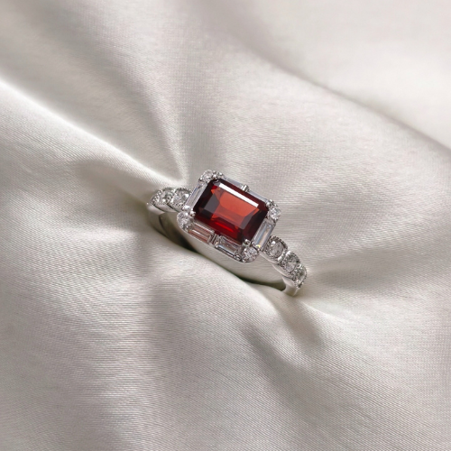 2.0 CT Emerald Cut Pave Style Red Garnet Ring 1