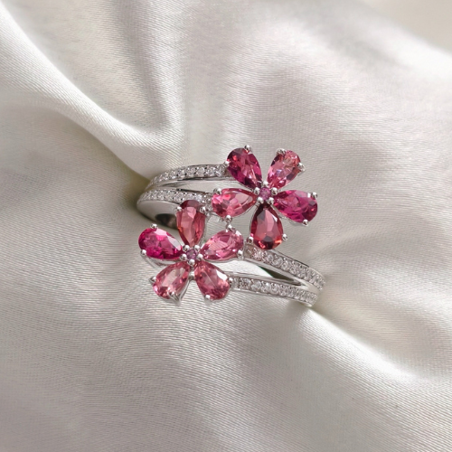 2.5 TCW Pear Stones Flower Style Pink Tourmaline Ring 1