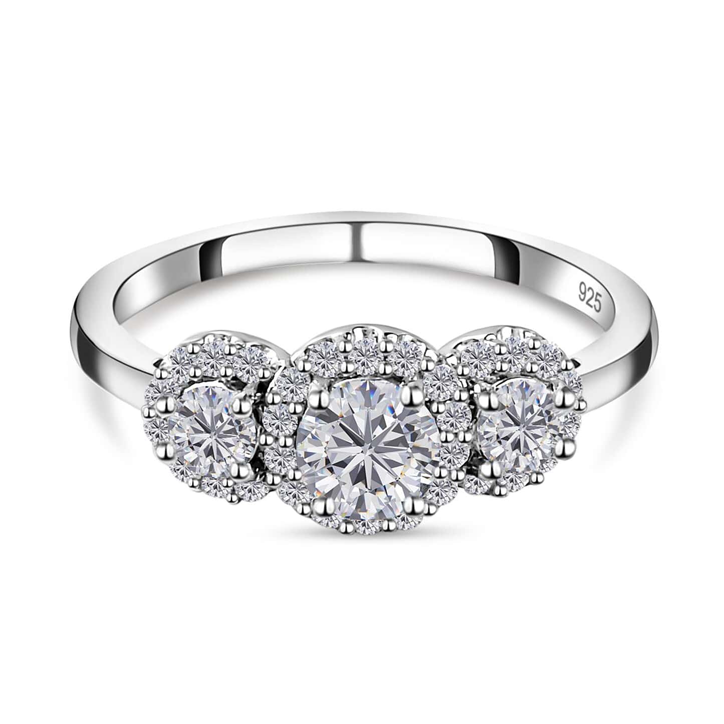 Round Cut Halo Three Stone Style Cubic Zirconia in 925 Sterling Silver Ring 1