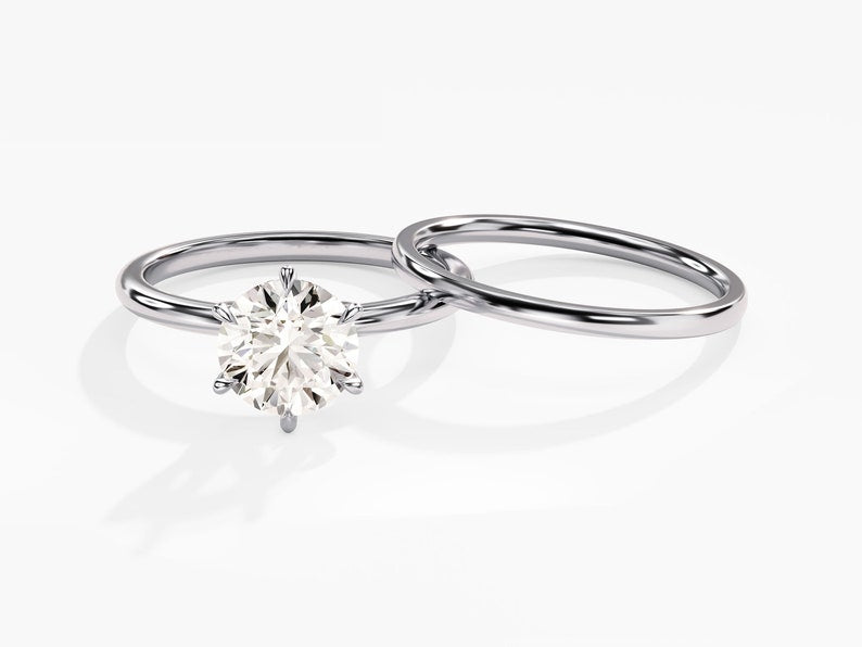 1.50 CT Round Cut Moissanite Bridal Ring Set with Plain Wedding Bands 3