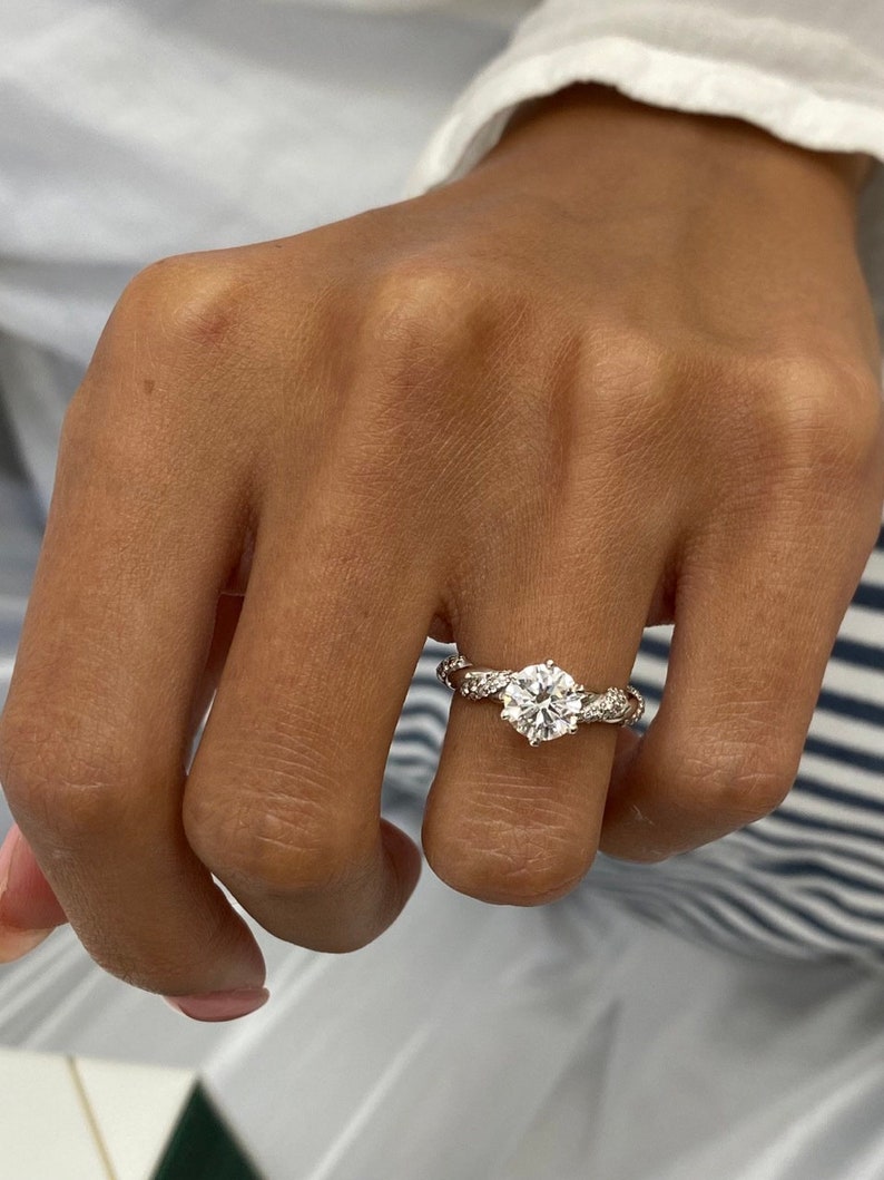 Classic 1.0 CT Round Moissanite Engagement Ring with Twist Pave Design 1