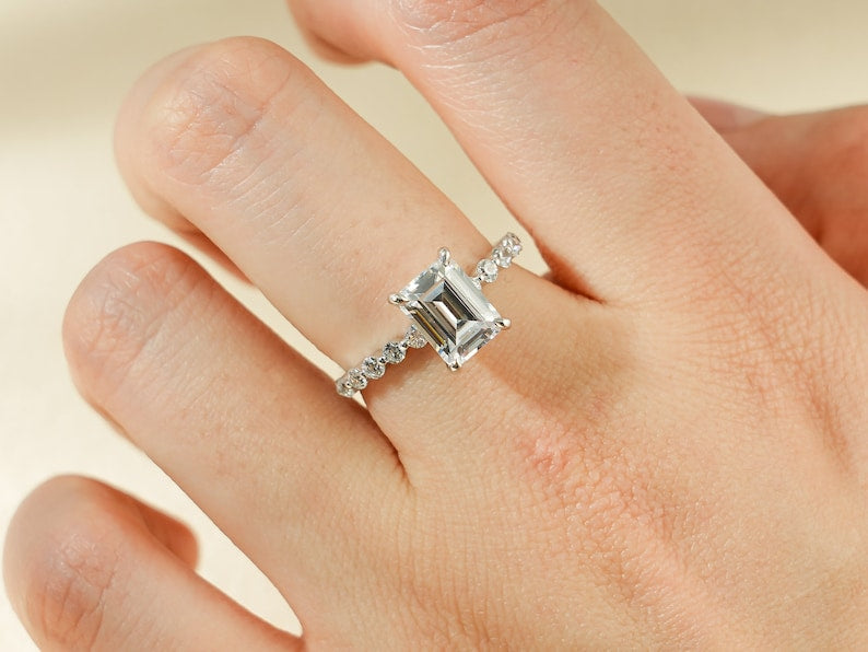 Stunning 1.0 - 2.0 CT Emerald Moissanite Engagement Ring with Hidden Halo Design 6