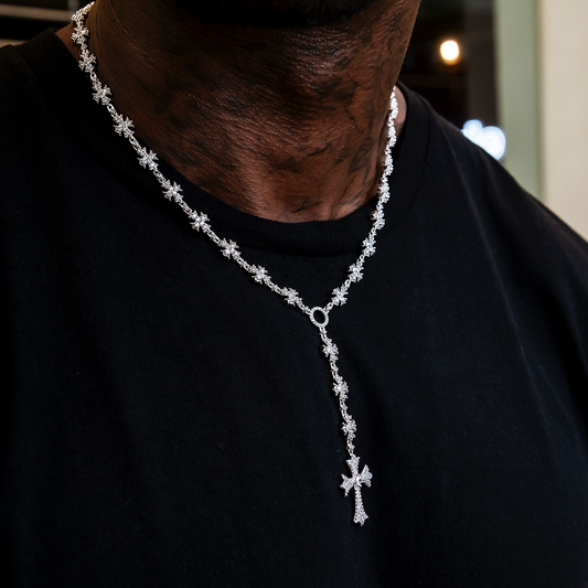 25 CT Round Moissanite Diamond Cross Rosary Silver Necklace For Him 2