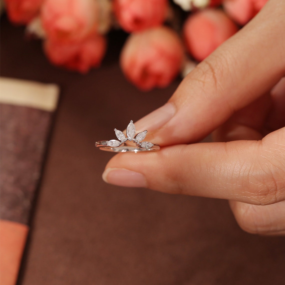 0.15 TCW Marquise Cut Moissanite Bridal Wedding Band With Curved Shank 4
