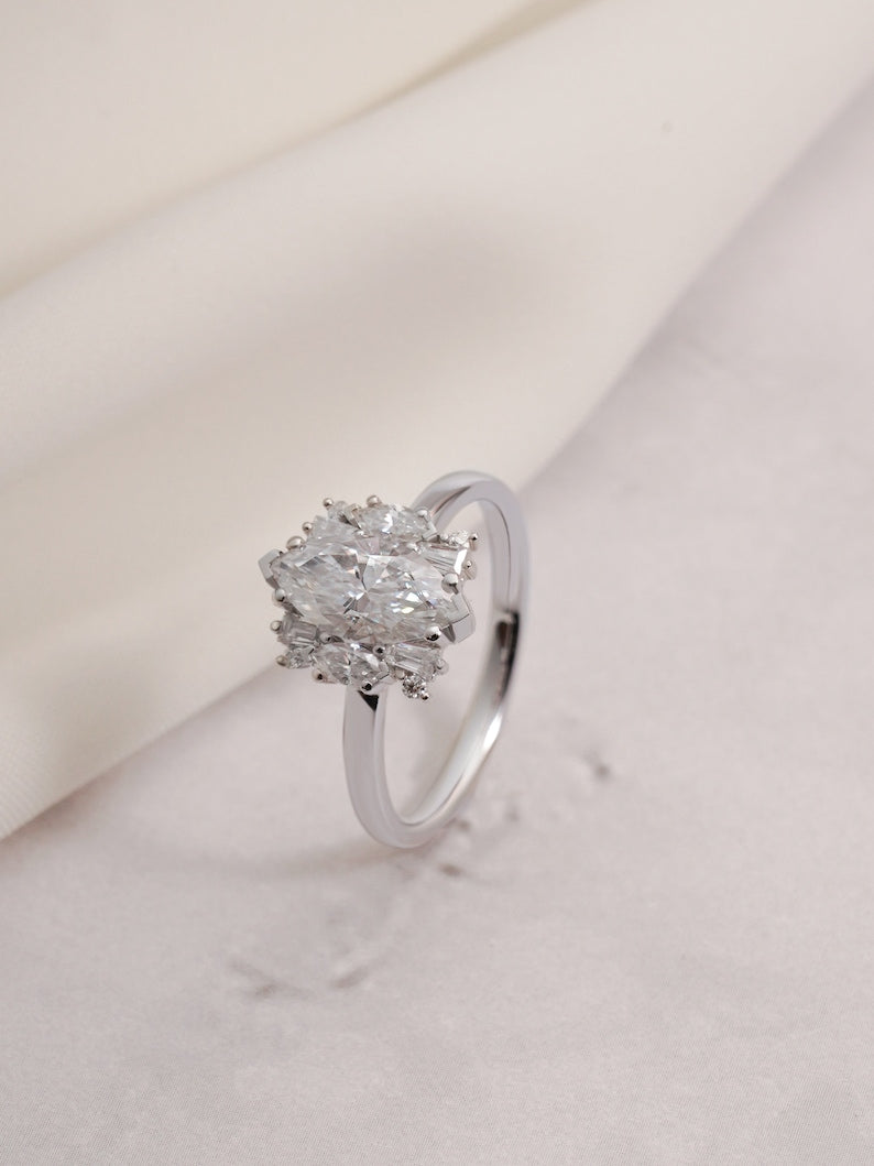 Stunning 1.0 - 2.0 CT Marquise Moissanite Engagement Ring with Cluster Design 10