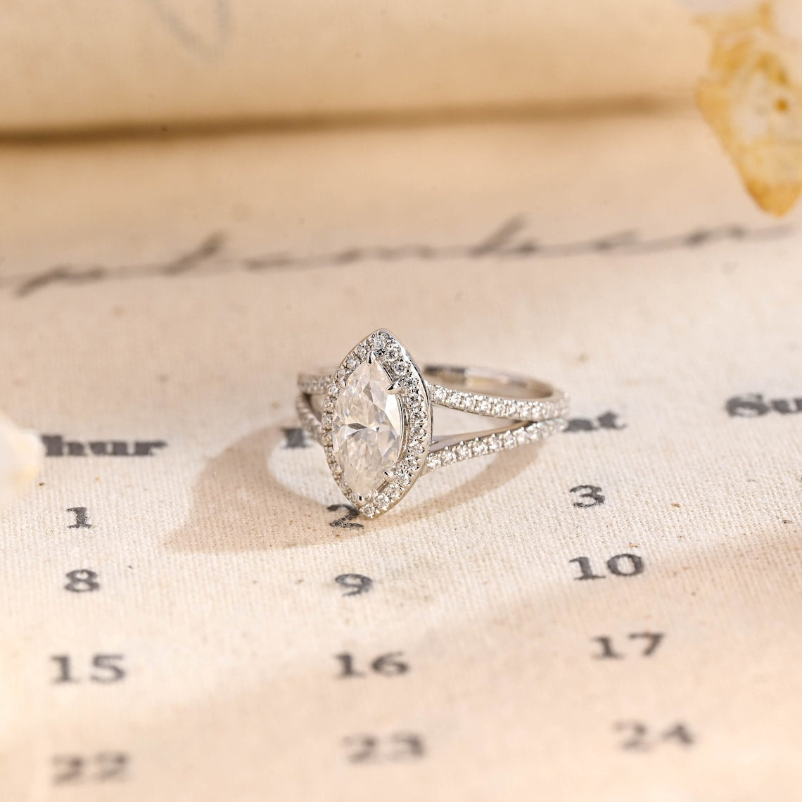 Stunning 1.0 CT Marquise Cut Moissanite Engagement Ring with Halo Split Shank Pave Design 2