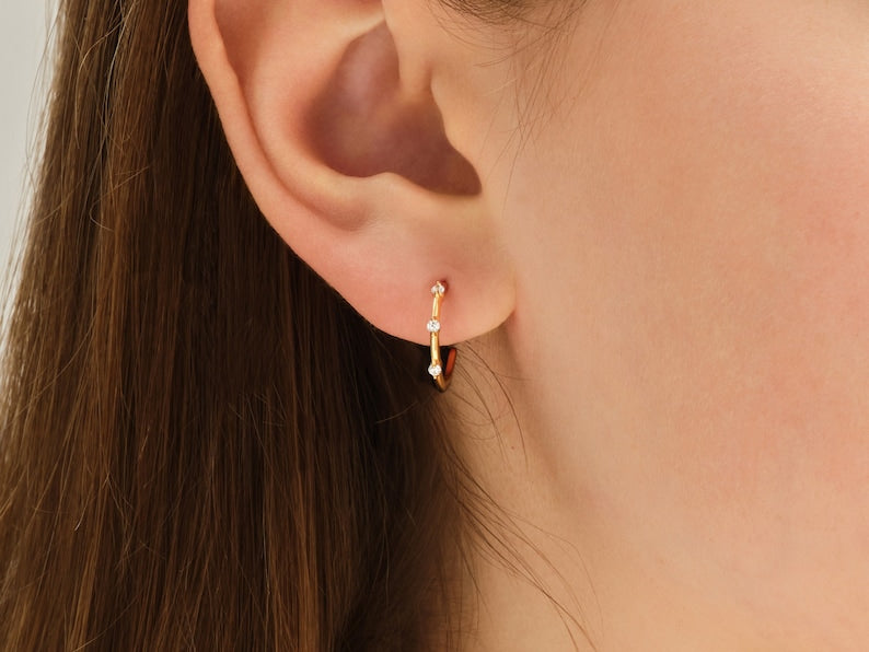 0.30 TCW Round Cut Moissanite Dainty Huggies Earrings in Gold 6
