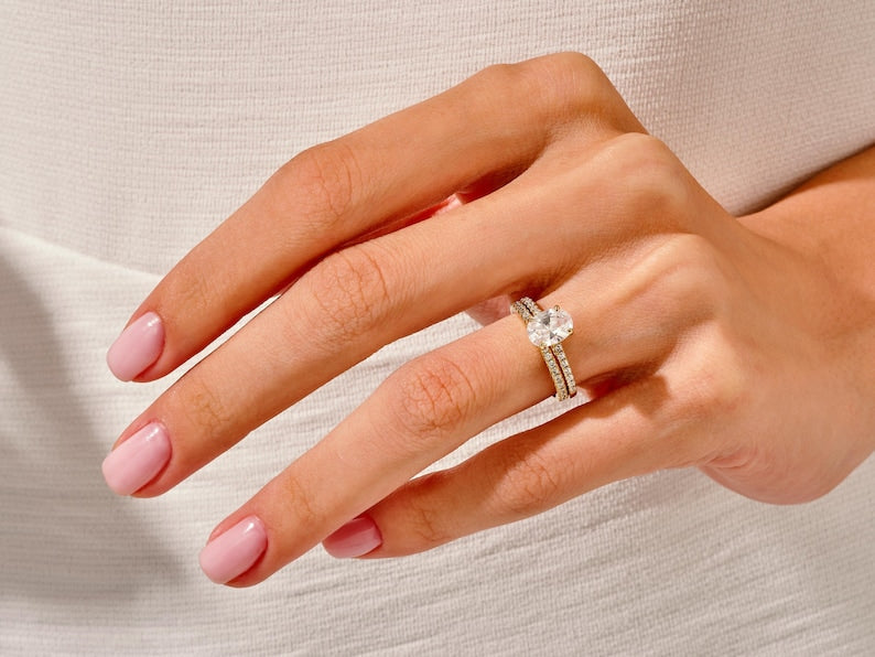 1.50 CT Oval Cut Moissanite Pave Bridal Ring Set with Round Half Eternity Wedding Bands 6