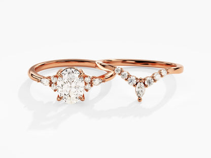 1.50 CT Oval Cut Moissanite Cluster Bridal Ring Set with Round Curved Wedding Bands 3