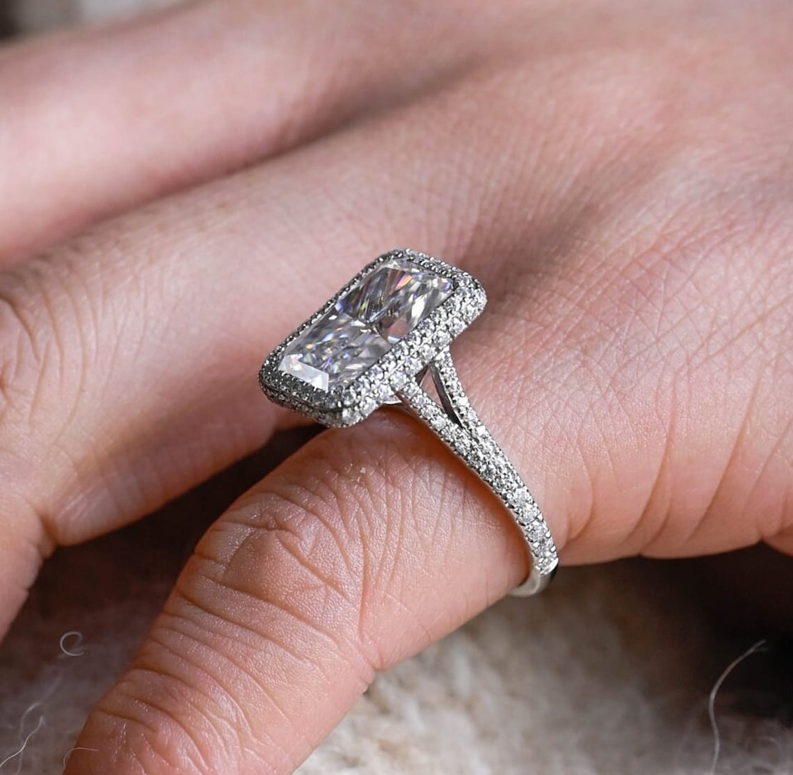 5.0 CT Radiant Shaped Moissanite Engagement Ring With Halo Split Shank Pave Accents 10