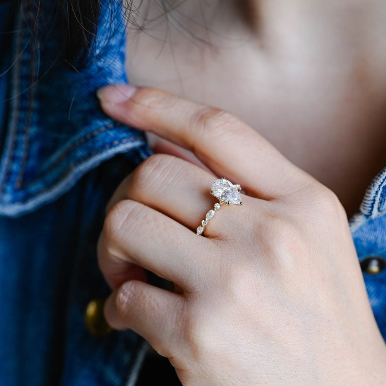 Stunning 1.0 - 2.0 CT Pear Moissanite Engagement Ring with Half Pave Design 2