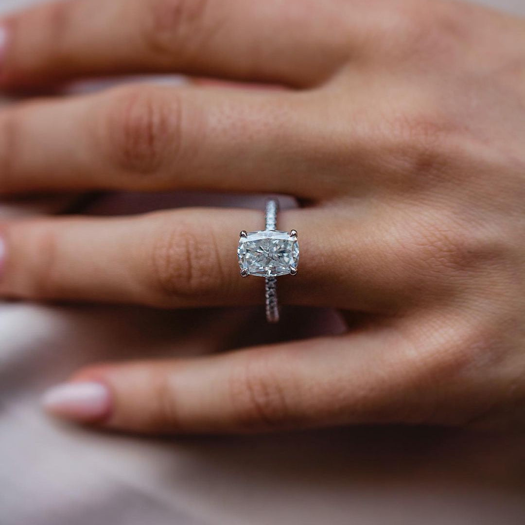 3.15 CT  Elongated Cushion Moissanite Ring Featuring Hidden Halo & Pave Style 1