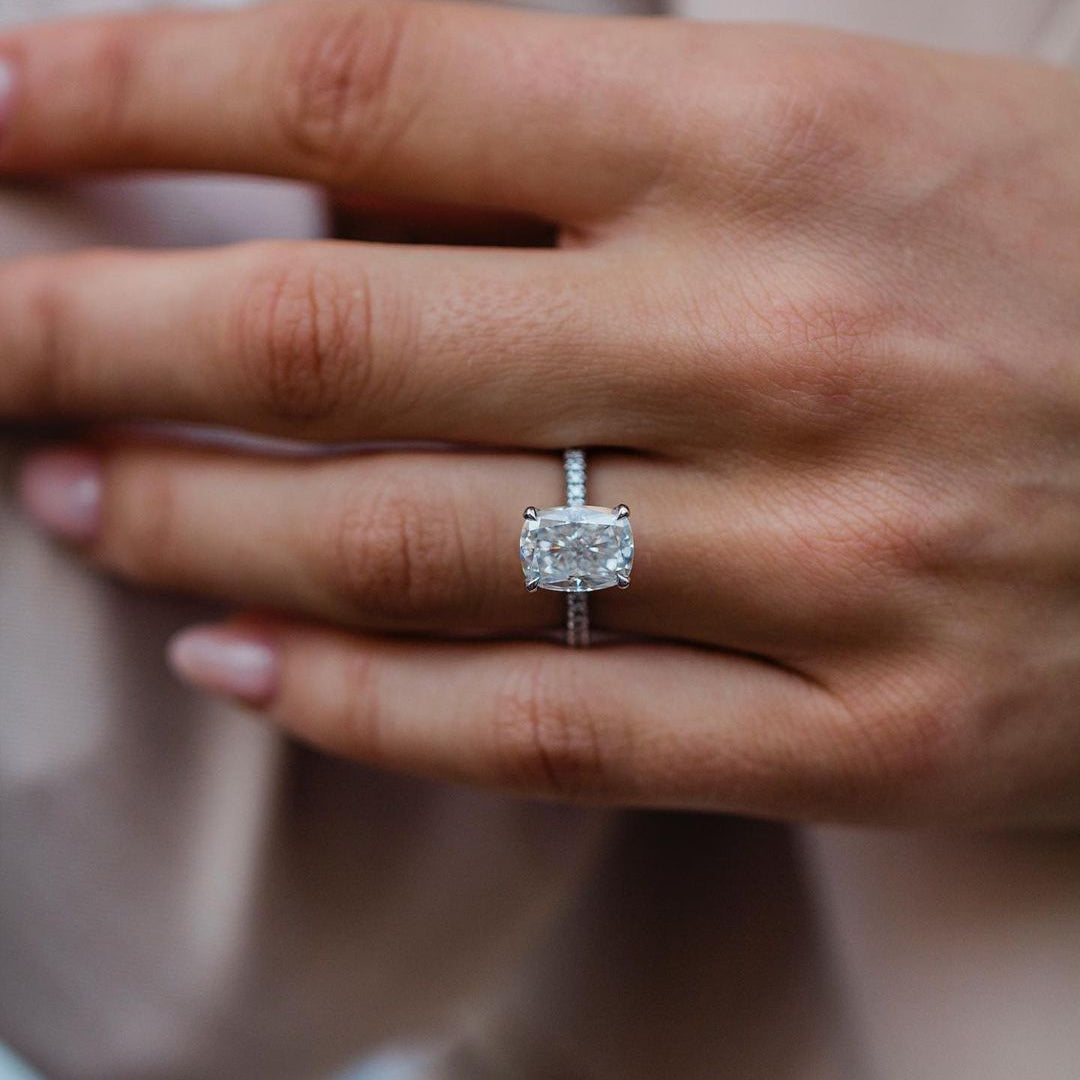 3.15 CT  Elongated Cushion Moissanite Ring Featuring Hidden Halo & Pave Style 2