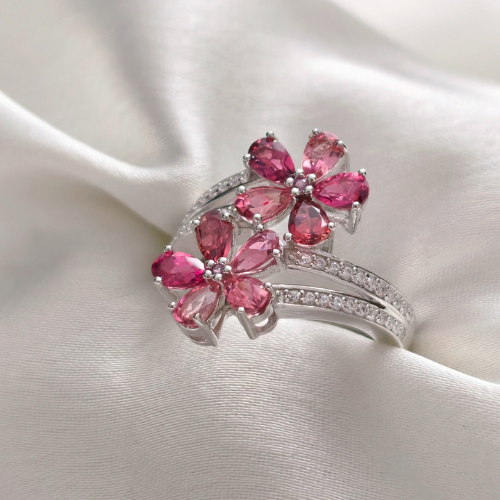 2.5 TCW Pear Stones Flower Style Pink Tourmaline Ring 2