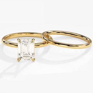 1.50 CT Emerald Cut Moissanite Bridal Ring Set with Plain Wedding Bands