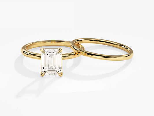 1.50 CT Emerald Cut Moissanite Solitaire Bridal Ring Set with Plain Wedding Bands 1