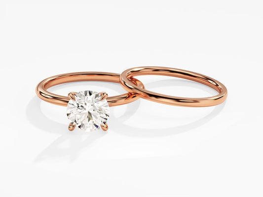 1.0 CT Round Cut Moissanite Solitaire Bridal Ring Set with Round Plain Wedding Bands 2
