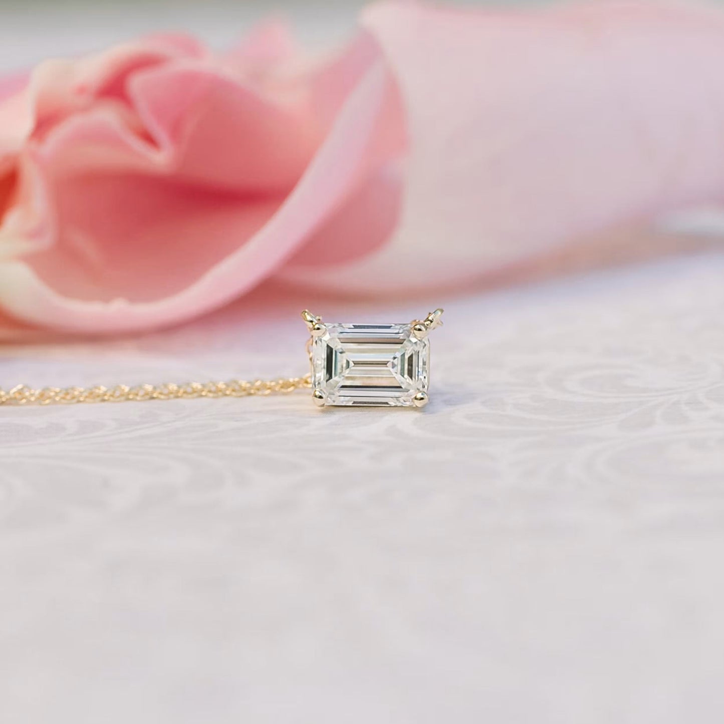 1.0 CT East West Emerald Cut Moissanite Diamond Solitaire Pendant Necklace in Solid Gold 2