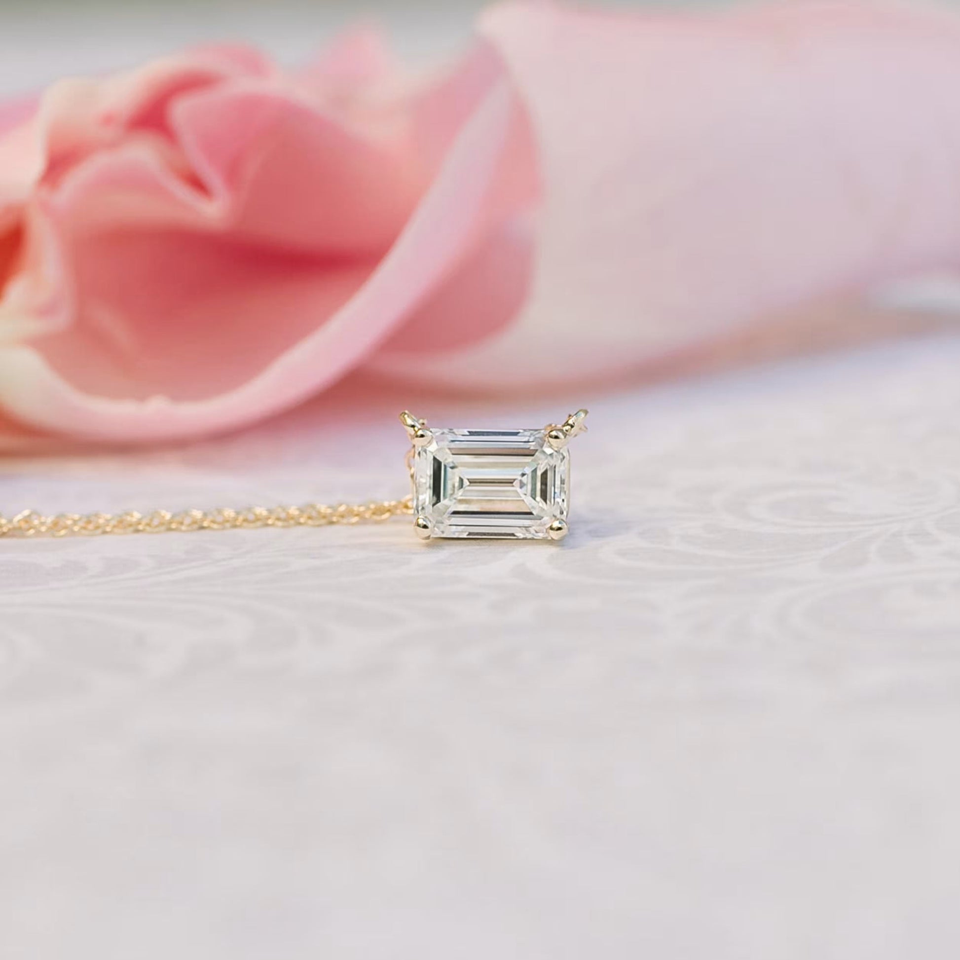 1.0 CT East West Emerald Cut Moissanite Diamond Solitaire Pendant Necklace in Solid Gold 2
