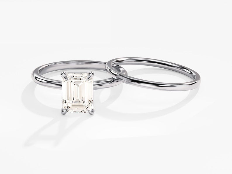 1.50 CT Emerald Cut Moissanite Solitaire Bridal Ring Set with Plain Wedding Bands 4