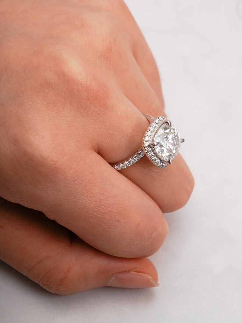 Stunning 1.0 - 2.0 CT Cushion Moissanite Engagement Ring with Pave & Halo Design 2