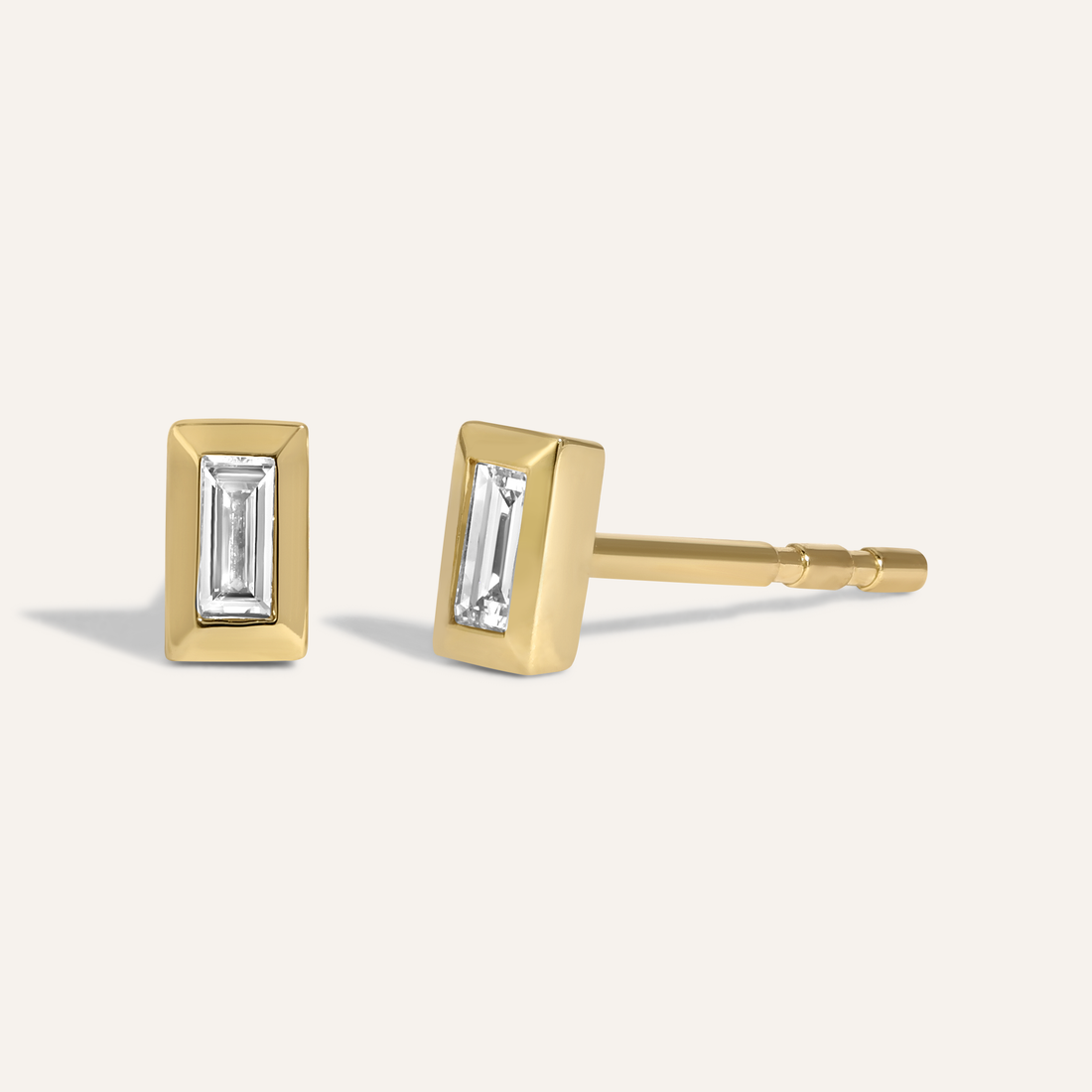 0.10 TCW Baguette Cut Moissanite Bezel Style Stud Earrings in Gold 1