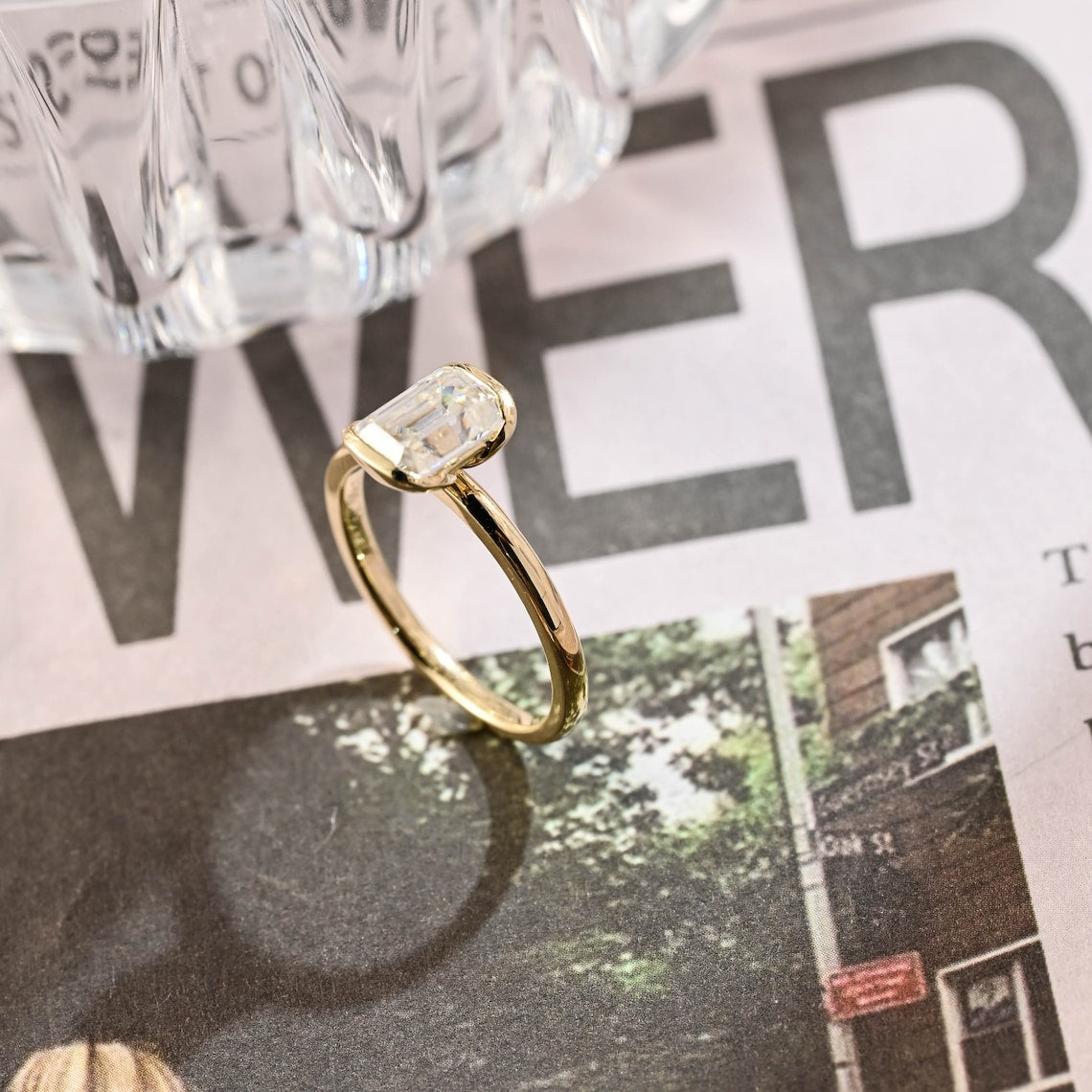 1.0 CT Emerald Cut Moissanite Engagement Ring with Half Bezel Design 10