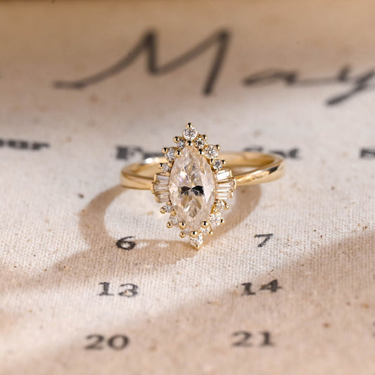 1.0 CT Marquise Shaped Moissanite Engagement Ring With Cluster Style 1