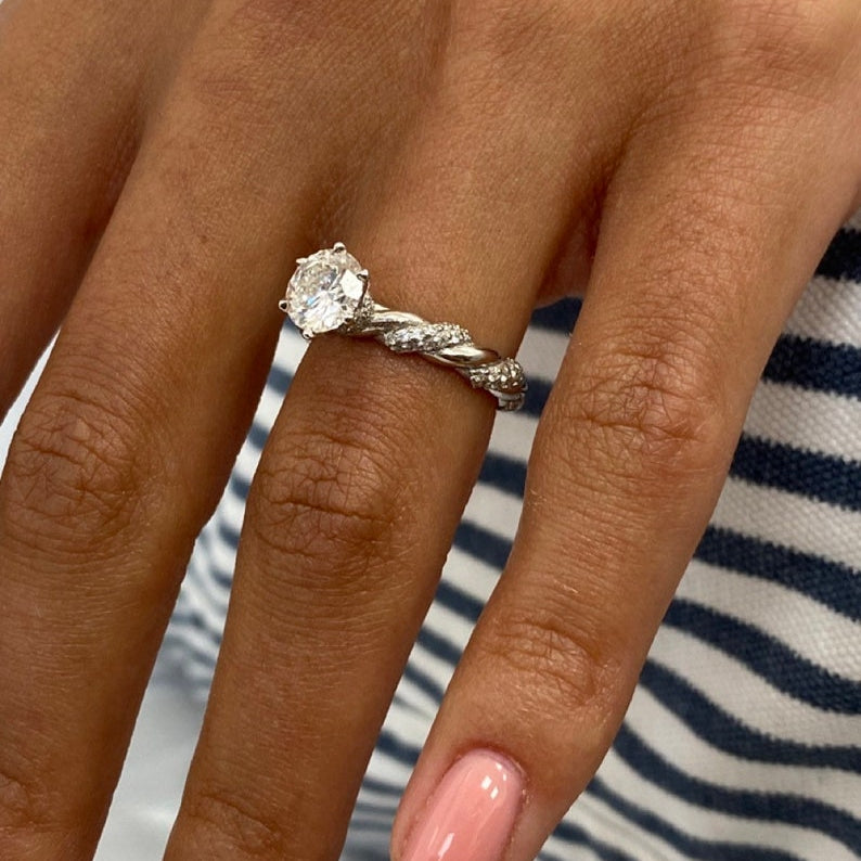 Classic 1.0 CT Round Moissanite Engagement Ring with Twist Pave Design 2
