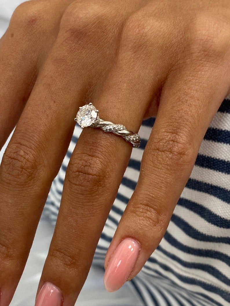 Classic 1.0 CT Round Moissanite Engagement Ring with Twist Pave Design 2