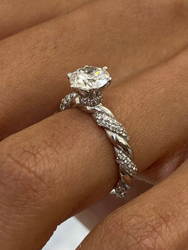 Classic 1.0 CT Round Moissanite Engagement Ring with Twist Pave Design 7