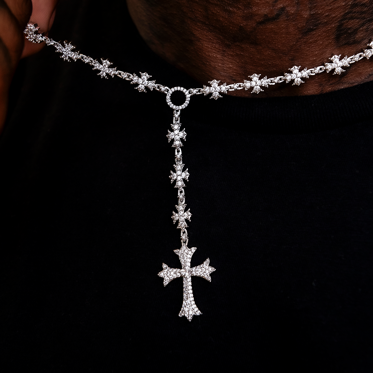 25 CT Round Moissanite Diamond Cross Rosary Silver Necklace For Him 3