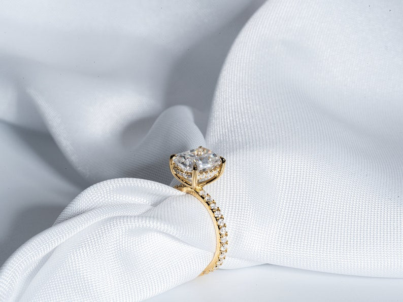 Classic 3.0 CT Cushion Moissanite Engagement Ring with Hidden Halo & Pave Design 8