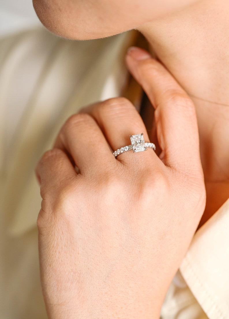 Stunning 1.5 - 2.5 CT Radiant Moissanite Engagement Ring with Pave & Hidden Halo Design 6
