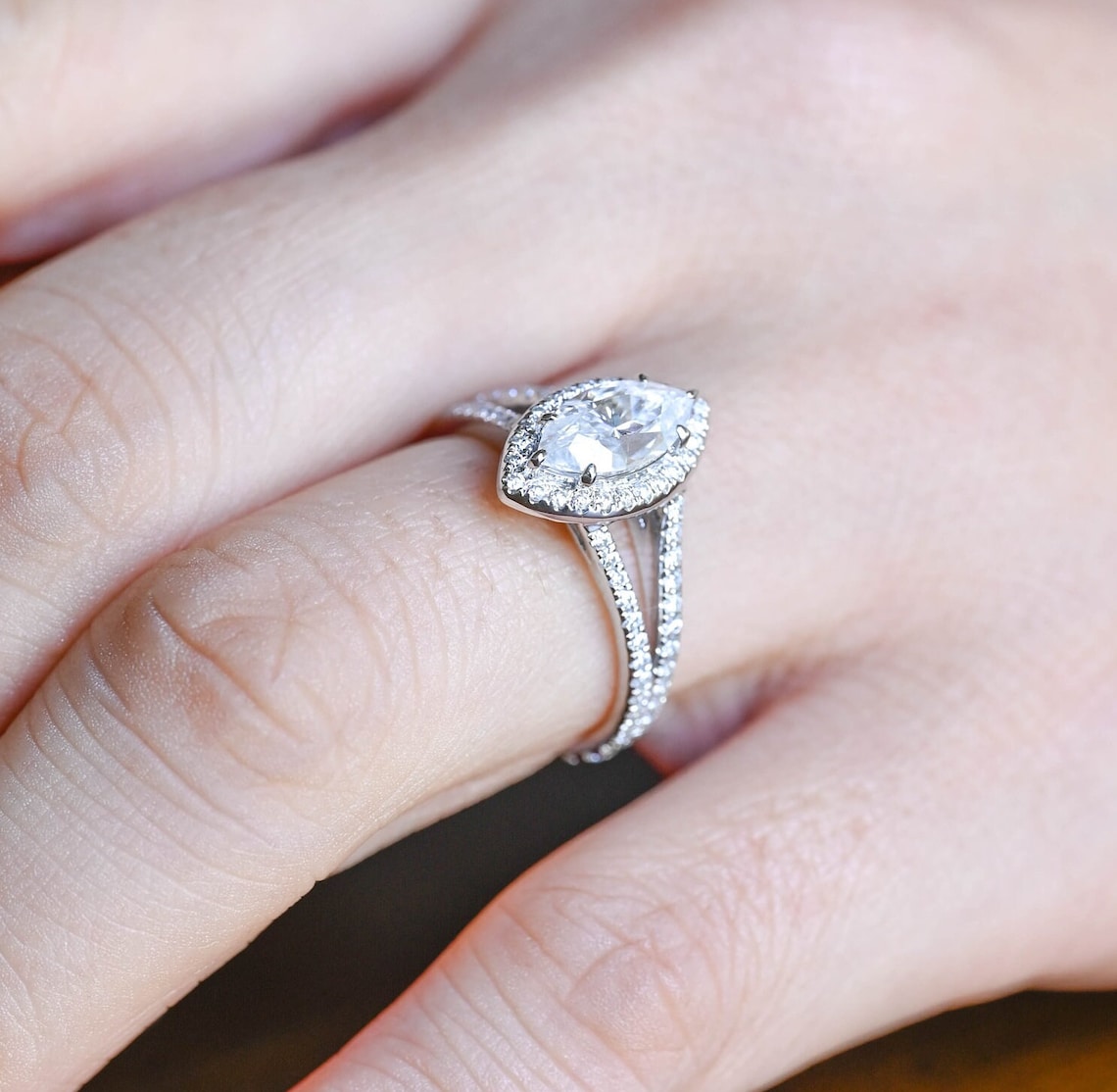 Stunning 1.0 CT Marquise Cut Moissanite Engagement Ring with Halo Split Shank Pave Design 10