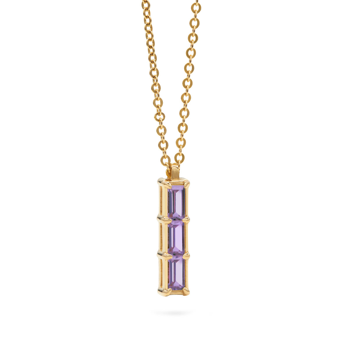 0.42 TCW Baguette Amethyst Lab Made Diamond- February Birthstone Three Stone Necklace 4