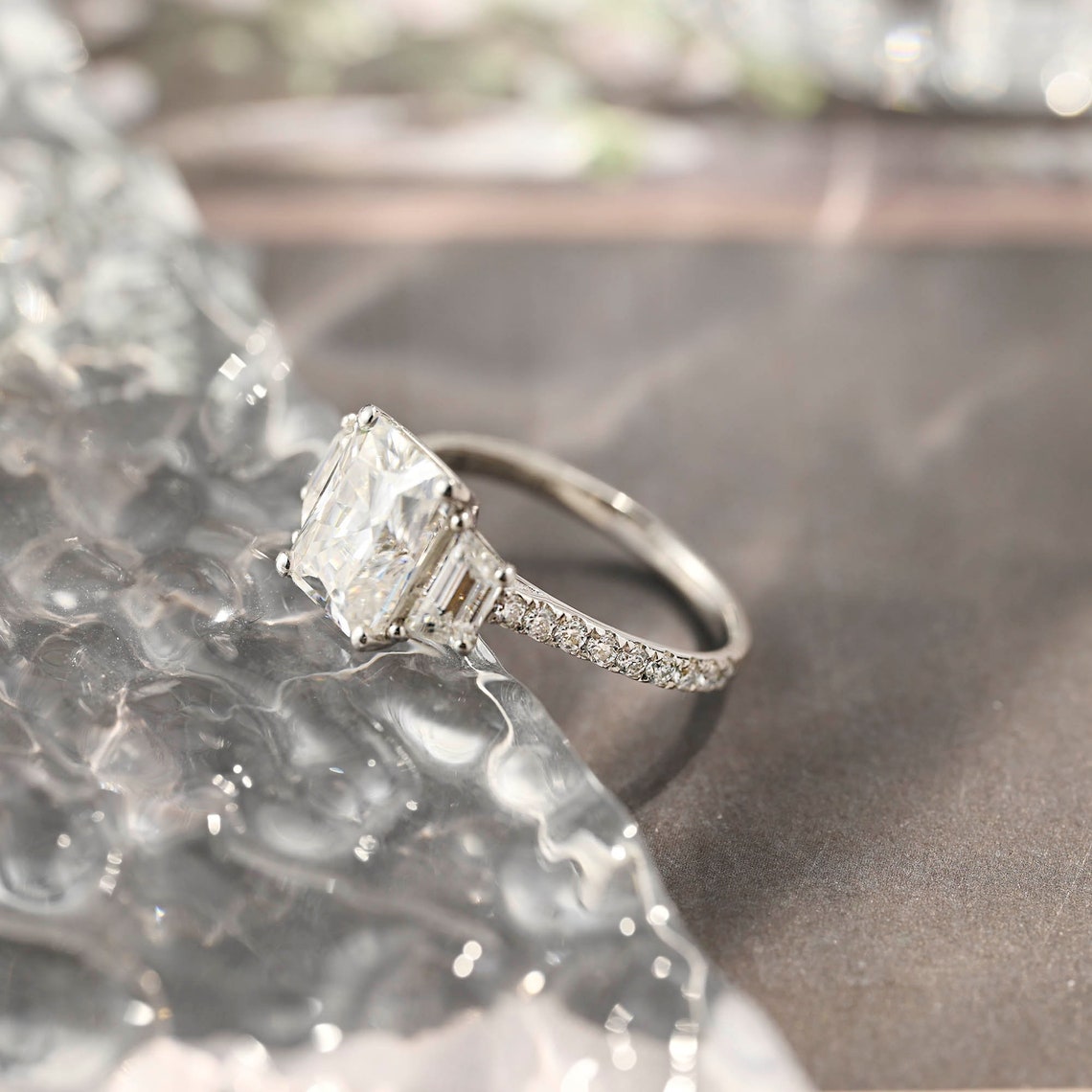Stunning 4.0 CT Radiant Moissanite Engagement Ring with 3 Stones & Pave Design 6
