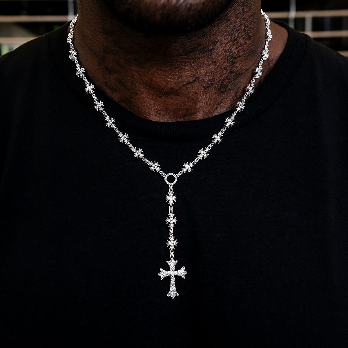 25 CT Round Moissanite Diamond Cross Rosary Silver Necklace For Him 1