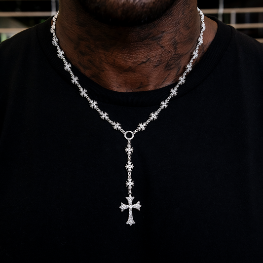 25 CT Round Moissanite Diamond Cross Rosary Silver Necklace For Him 1