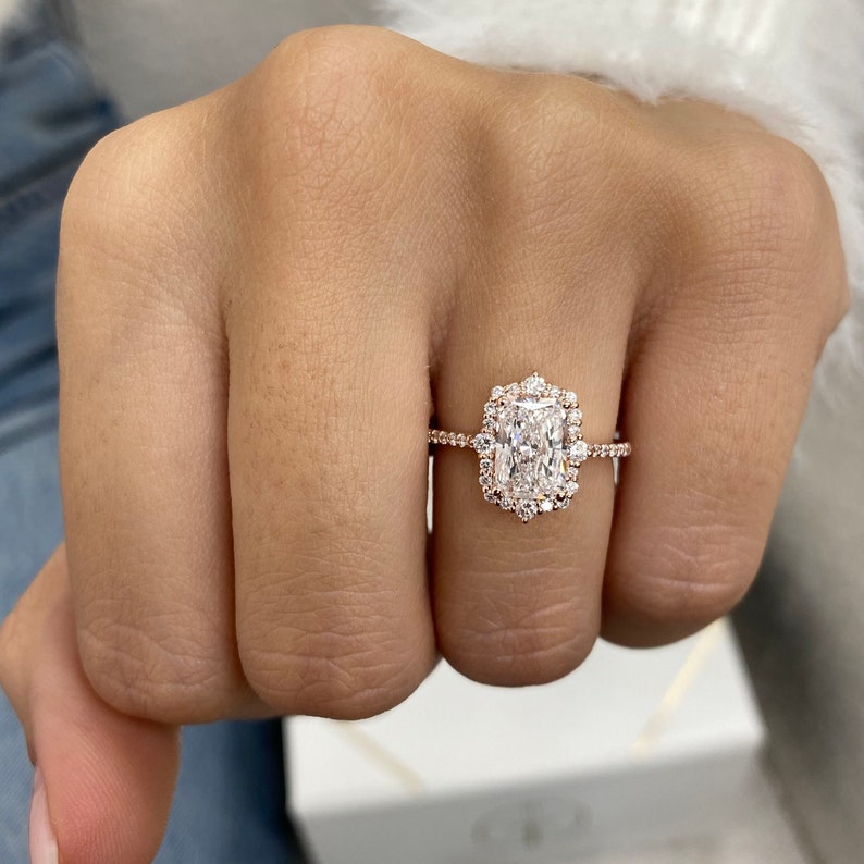 Stunning 1.50 CT Radiant Moissanite Engagement Ring with Cluster Halo & Pave Design 2