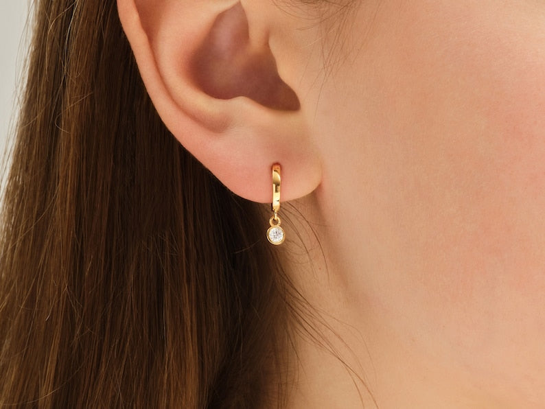 0.10 TCW Round Cut Moissanite Bezel Drop Earrings in Gold 6