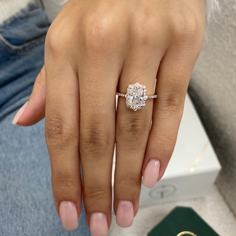 Stunning 1.50 CT Radiant Moissanite Engagement Ring with Cluster Halo & Pave Design 1