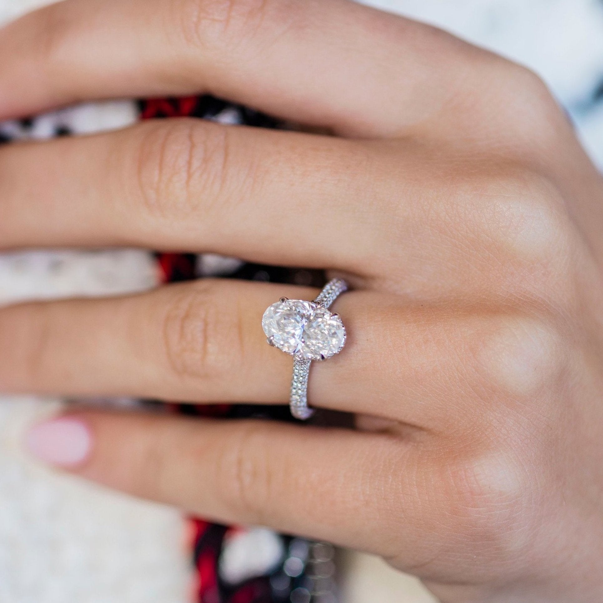 2 CT Oval Moissanite Solitaire Hidden Halo Sterling Silver Ring