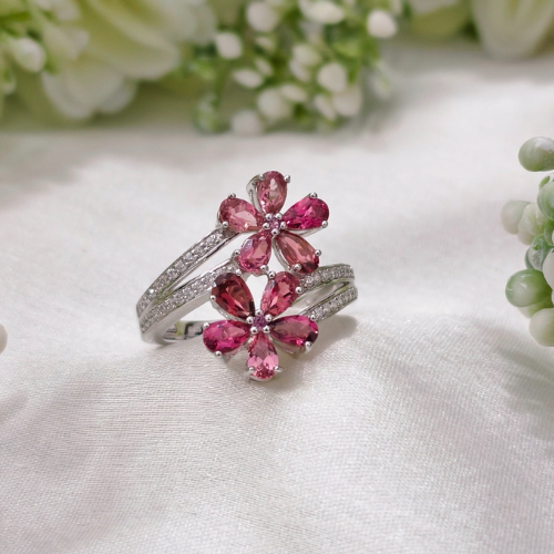 2.5 TCW Pear Stones Flower Style Pink Tourmaline Ring 3