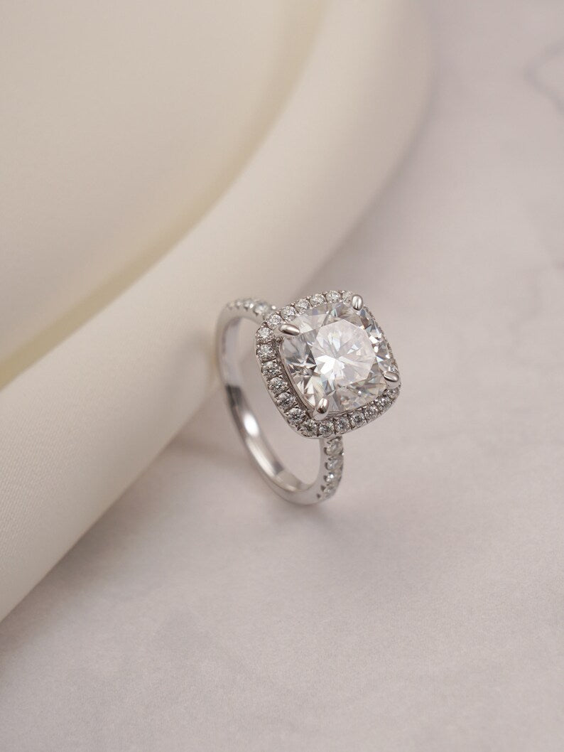 Stunning 1.0 - 2.0 CT Cushion Moissanite Engagement Ring with Pave & Halo Design 3