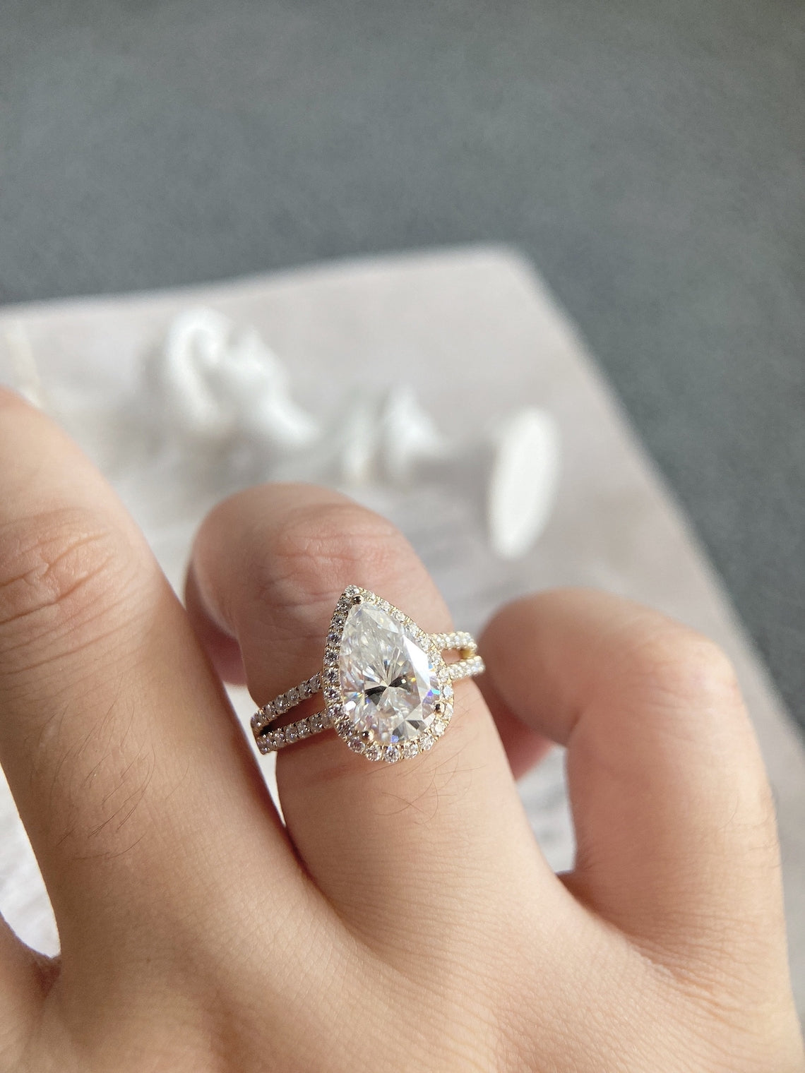 Stunning 3.0 CT Pear Moissanite Engagement Ring with Halo & Pave Design 5