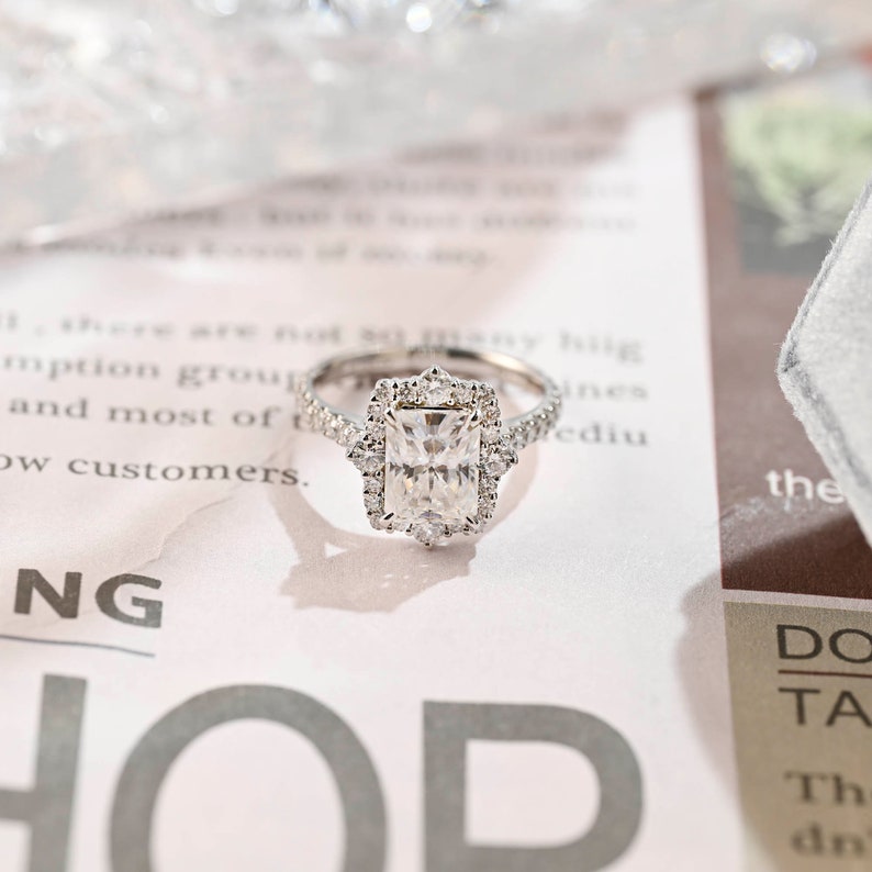 Stunning 3.0 CT Radiant Moissanite Engagement Ring with Halo & Pave Design 1