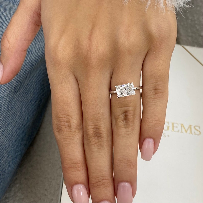 Classic 2.0 CT East West Radiant Moissanite Engagement Ring with Hidden Halo Design 5